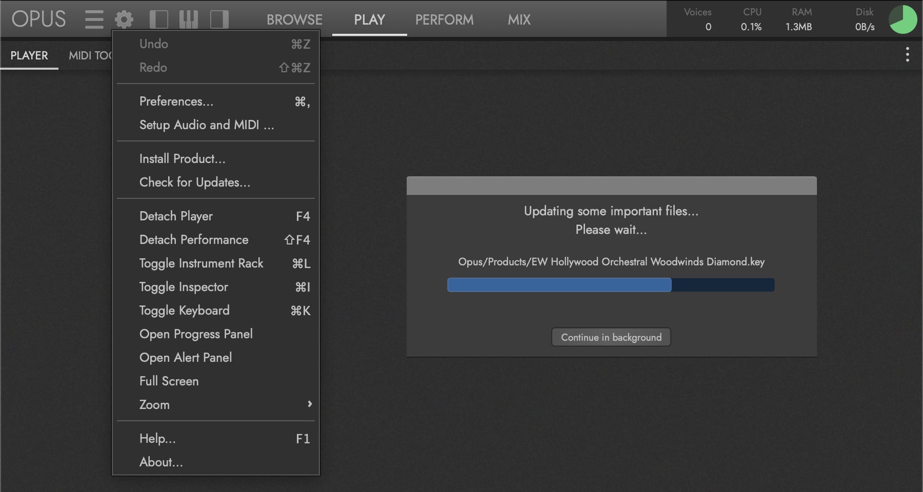 The Settings Menu, with an update in progress