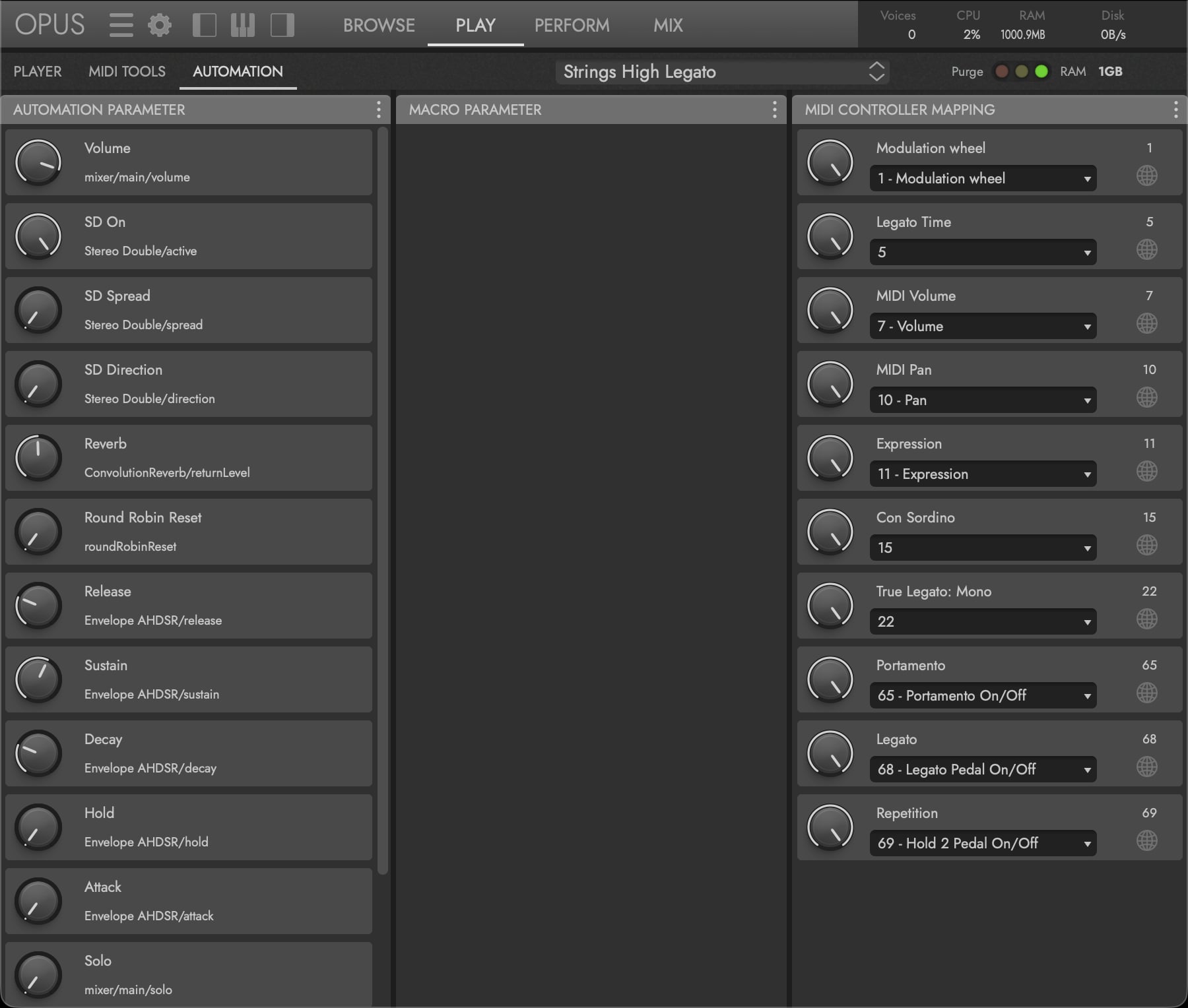 The Automation sub-page, with Strings High Legato loaded